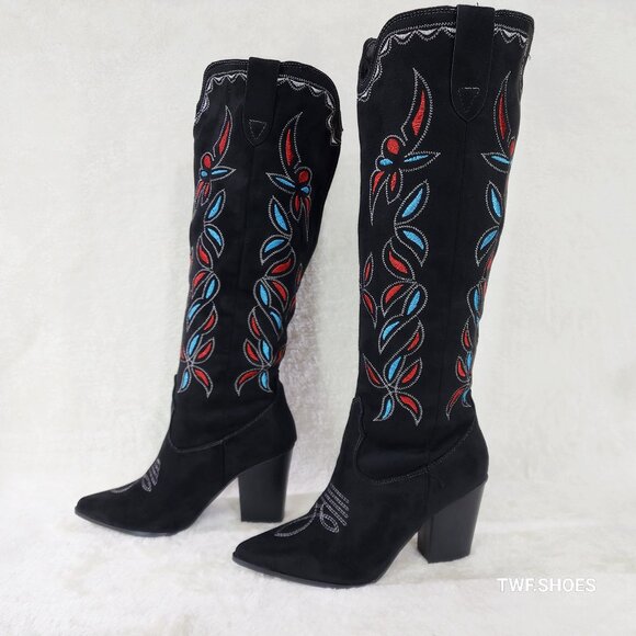 Size 10 Black Faux Suede Western Cowgirl Knee Boots Colorful Embroidered Design - Picture 2 of 10